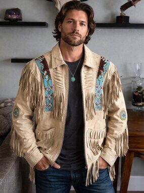 🤍 Men’s XL Handcrafted Leather Western Jacket | Beaded Fringe | Never Worn